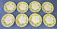 Top-down view showing all 8 yellow and green floral patterned plates arranged in two rows on a blue background.