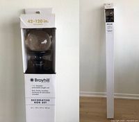 Boxed Broyhill decorative rod set showing extendable length 42-120 inches, 1 inch diameter with packaging label.