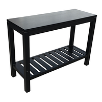 Clear photo of the black 2 shelf console table showing rectangular top and slatted bottom shelf, with squared legs and smooth finish.