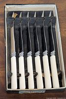 Boxed set of 6 vintage serrated dessert knives with white plastic handles, arranged vertically in original packaging.