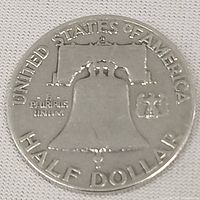 Reverse of the 1949 Franklin Half Dollar showing the Liberty Bell with inscriptions.