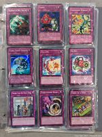 First photo showing 9 Yu-Gi-Oh! Trap cards including 'Taunt' and 'Threatening Roar' in plastic sleeve page.