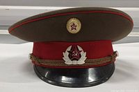 Side front view of Soviet Army officer's military hat showing olive drab crown, red band, Soviet insignia, braided cords, and black visor.