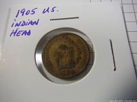 Close-up of the front obverse side of the 1905 US Indian Head penny showing dated year and profile.