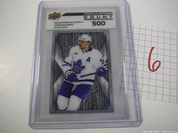 Front view of the Auston Matthews hockey card showing player in white Toronto Maple Leafs jersey with population count 500 label at the top.