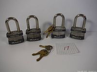 Four commercial grade Master padlocks lined up side by side, including keys showing all use the same key.