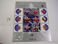 Full uncut sheet of NHL All-Stars stamps with eight individual stamps and gray background showing player images and Canadian markings.