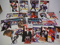 Full view of all large glossy Panini hockey photo cards laid out showing multiple NHL players including Forsberg, Roy, Sakic