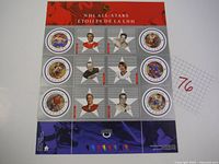 Full shot of the NHL All-Stars vintage stamps sheet showing eight stamps with player images and portraits.