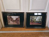 Two framed glimmer art pictures showing reflective glitter finish, black and gold frames with dark green mats.