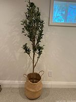 Full view of 6ft faux olive tree in woven basket against wall.