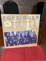 Front cover of Foreigner Double Vision vinyl LP showing band name, album title, and black and white photo of the band.