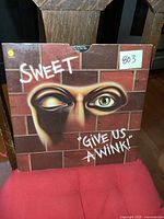 Front cover of Sweet's "Give Us a Wink" album featuring a stylized winking eye on a brick wall background.