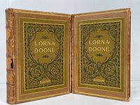 Open view showing front covers of both volumes with elaborate gold and black decoration and title on green background centered on tan leather.