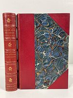 Front cover and spine of one volume showing marbled cover and red leather binding with gold embossed title and decorations.
