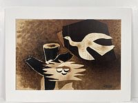 Front view of the lithograph showing abstract image of bird and eggs in nest with brown and black tones and white mat border