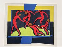 Full view of framed color lithograph showing five red dancing figures on abstract background