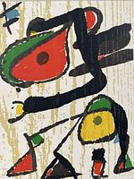 Full view of woodcut engraving with abstract shapes on textured background