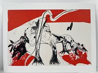 Full view of the Paul Rebeyrolle lithograph depicting abstract animal-like figures in red, black, and white.