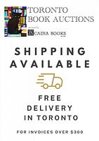 Photo of a printed shipping notice from Toronto Book Auctions offering free delivery in Toronto for invoices over $300 with a logo showing a black cat and bookshelves.