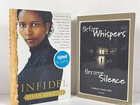 Cover photo showing both books, "Infidel" with author photo and signed sticker, and "Before Whispers Become Silence" with dark cover design.