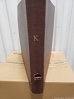 Photo of brown record album labeled 'K' on the spine showing exterior condition with a worn handle.