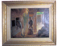 Frontal view of oil painting depicting interior barn scene of man feeding horse, with gilded wooden frame