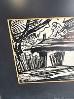 Close-up of signed ink drawing showing house, trees, fence