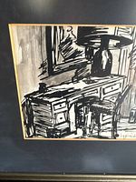 Close-up of artwork showing interior scene and signature