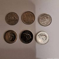Fronts of all six coins showing designs: beaver, torch, beaver, three rabbits