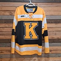 Front view of jersey showing crest, colours, lace-up collar