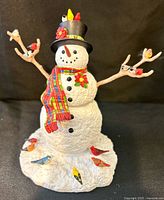 Front view of snowman figurine showing birds, scarf, hat details