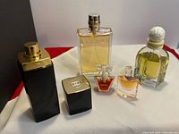 Frontal view of all five perfume bottles displaying design and fill levels
