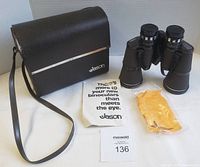 Binoculars, case, brochure, cloth laid out