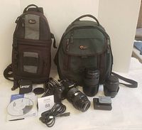 Full lot view with camera, three lenses, two Lowepro bags, accessories