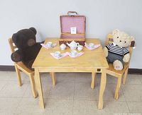 Overall view of table, chairs, tea set, bears, case