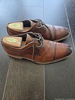 Pair of brown leather Stacey Adams men's Oxford dress shoes shown side view with original laces and wooden shoe trees inserted inside.