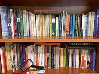 Shelf of approximately 50 mixed genre paperback books, arranged upright with visible author names including James Joyce and Diana Gabaldon. Magnifier and bookmark in front.