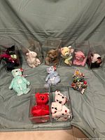 Overview shot showing 10 TY Beanie Babies including 6 in protective cases and 4 loose on a bed with gray sheet