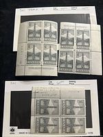 Two blocks of four Canadian $1 stamps depicting the Confederation Bridge, shown with printed margins including catalog and pricing information.