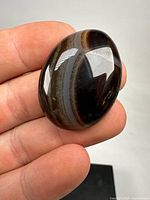 Close-up photo of polished agate geode gemstone held between fingers, showing banded black, brown, and white layers.