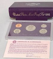 Outer purple 1992 United States Mint Proof Set box, acrylic holder with coins, certificate of authenticity