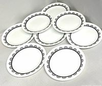 Front view of eight plates showing black lace border design