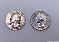 Obverse sides of 1942 and 1964 Washington quarters