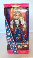 Front view of boxed Norwegian Barbie