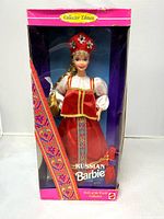 Front view of boxed 1996 Russian Barbie doll