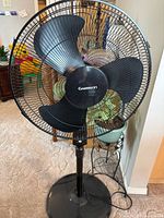 Photo of a black Garrison pedestal fan showing three large blades behind a wire protective grille on a height-adjustable stand with circular base.