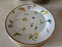 Stack of 6 white porcelain dinner plates decorated with colorful butterfly and flower motifs and gold zig-zag edge trim.