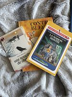 Three French children's books with mixed bindings laid on a textured blanket, featuring colorful illustrated covers and visible wear.