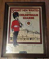 Front view of the framed Coldstream Guards recruitment poster printed on a mirror with soldier illustration and bold text.